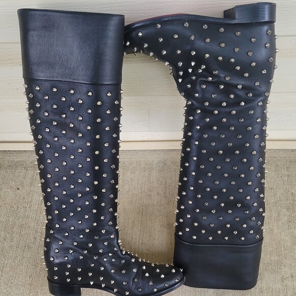 Christian Louboutin Studded Flat Boots Knee Black Shoes MENEBOOT IT 37 US 6.5-7 - Picture 9 of 14